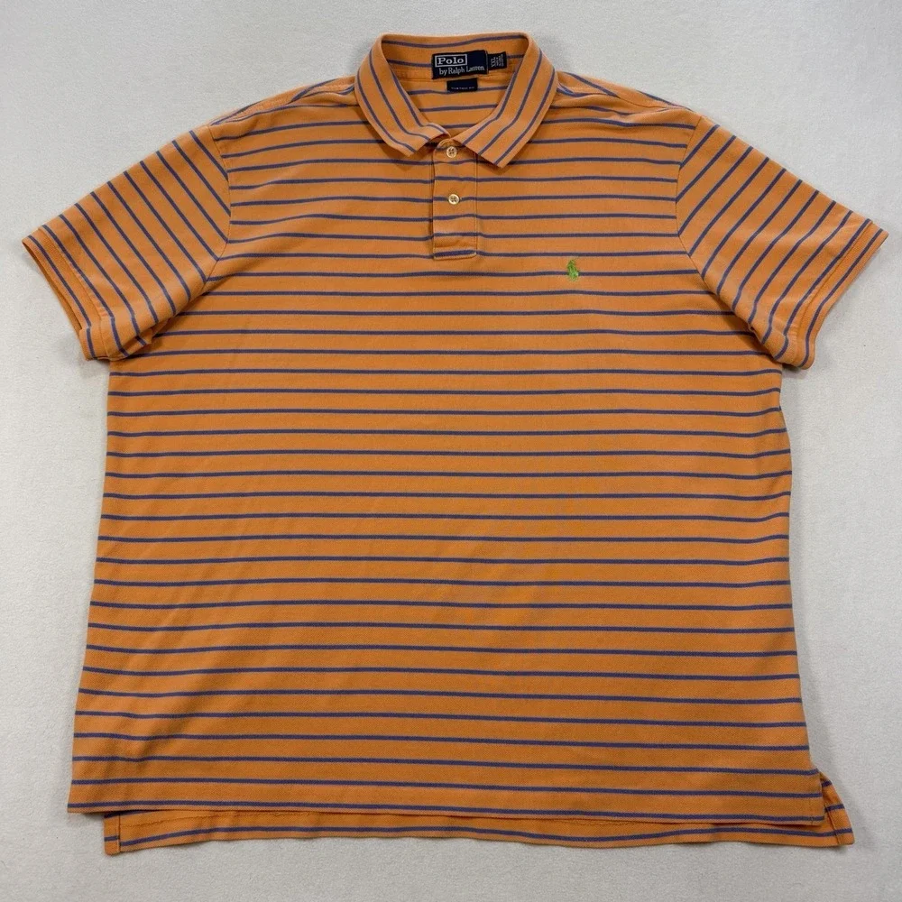 Polo Ralph Lauren Polo Shirt Mens XXL Orange Blue Striped‎ Short Sleeve Golf